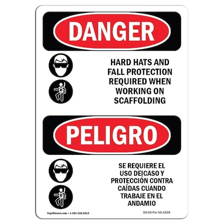 Signmission OSHA Sign, Hats Fall Protection Scaffolding Bilingual, 14in X 10in Decal, 10" W, 14" H, Spanish OS-DS-D-1014-VS-1658